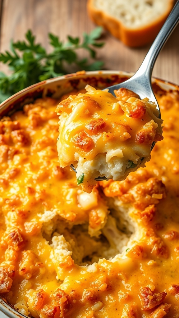 Cheesy Hashbrown Casserole Recipe A golden brown cheesy hashbrown casserole in a rustic dish, with melted cheese and a serving spoon.